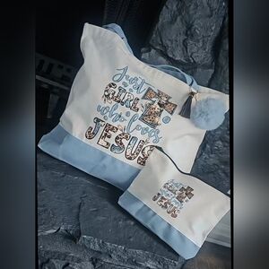 Faith-Inspired Canvas Tote Set in Cream and Light Blue